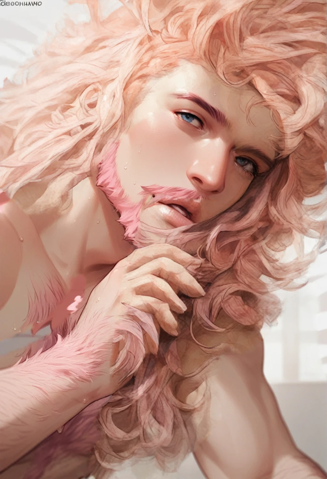 shaggy bearded woman hairy all over, blond hair, hair on chest and hands, pink fur coat