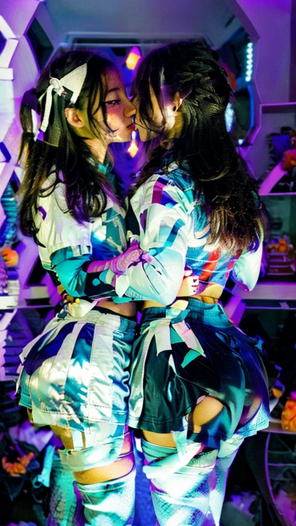 Two girls kiss , blue doctor clothes, Skirt, white panties,big ass,with tubes in their buttocks,toys,they grab their butts,mirror,ass support,mictia,