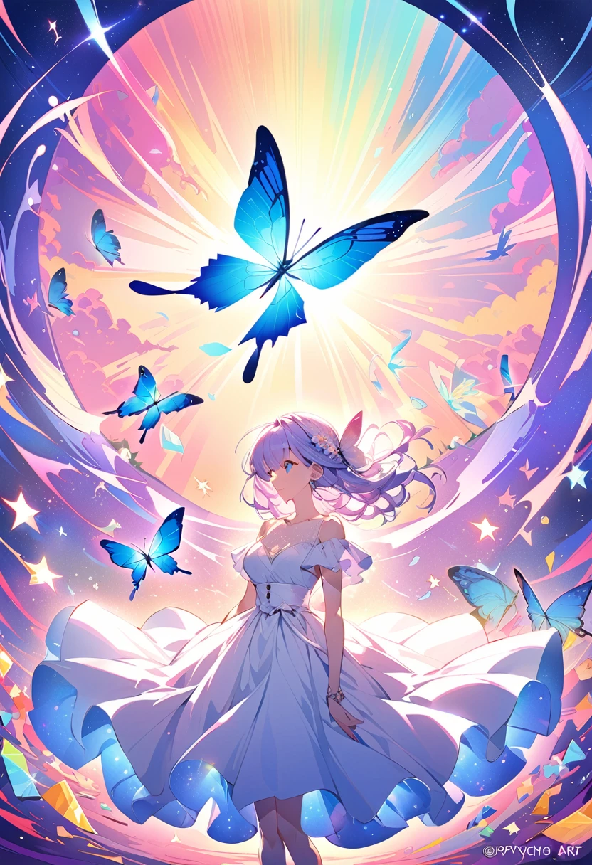 Melody Mark,Highest quality、Tabletop、1 Female、solo、(Abstract art:1.6),(Psychedelic Theme:1.6),(Gunjo World:1.5),(Marine:1.5),(Blue World:1.5),(At the center of the world is the most beautiful woman in the world),(Many stars are falling:1.3),A ray of light spreads,Crystals spreading from the center,Prisma(Nostalgic scenery:1.5),(Colorful flowers:1.3),Garden Girl,Gentle sunlight,Breeze,Delicate flowers,A rainbow-colored butterfly flutters its wings,Captivating natural beauty,Shining Star Fragment,Ice crystals,