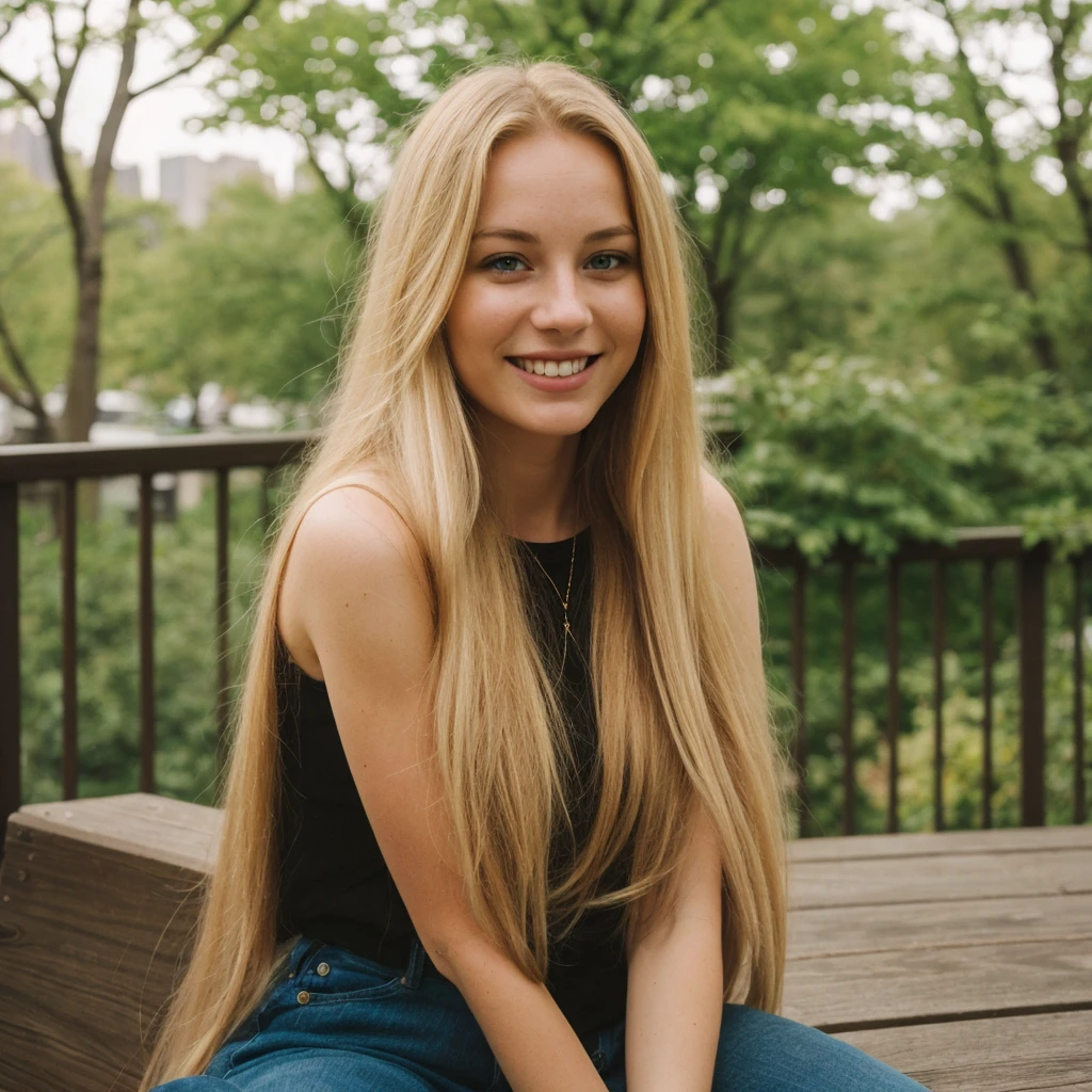 daneater, 1girl, solo, realistic, photorealistic, high quality picture, 8k, high resolution, detailed quality, film grain, natural photo, ultrarealistic, (((25-years-old woman))), Caucasian, (((Scandinavian Face))), (((Background: Nature))), (((Fit))), (((Long-Straight-Blonde Hair))), Smiling, Pose: sitting, she is enjoying the view on a viewdeck in new york city, a selfie shot on a phone from 2010,