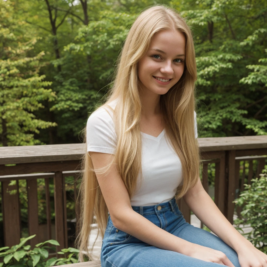 daneater, 1girl, solo, realistic, photorealistic, high quality picture, 8k, high resolution, detailed quality, film grain, natural photo, ultrarealistic, (((25-years-old woman))), Caucasian, (((Scandinavian Face))), (((Background: Nature))), (((Fit))), (((Long-Straight-Blonde Hair))), Smiling, Pose: sitting, she is enjoying the view on a viewdeck in new york city, a selfie shot on a phone from 2010,