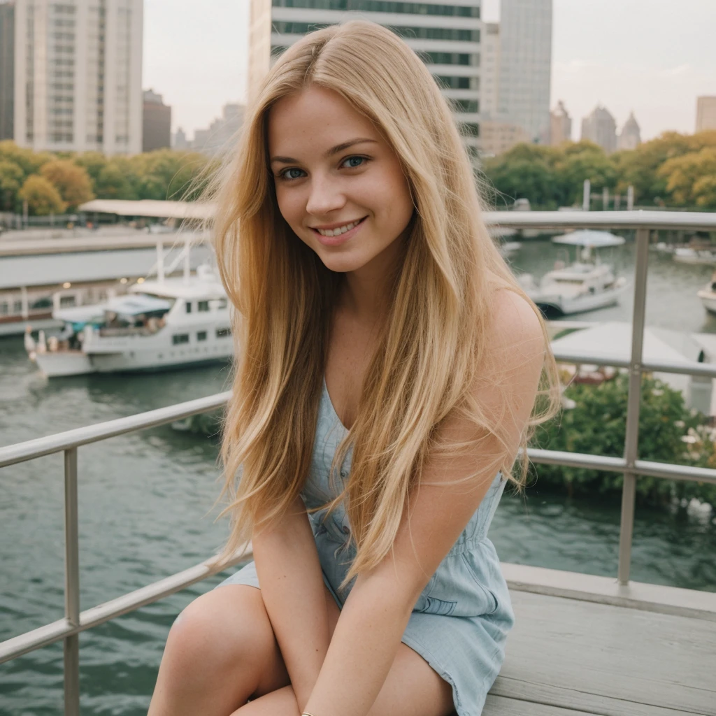 daneater, 1girl, solo, realistic, photorealistic, high quality picture, 8k, high resolution, detailed quality, film grain, natural photo, ultrarealistic, (((25-years-old woman))), Caucasian, (((Scandinavian Face))), (((Background: Nature))), (((Fit))), (((Long-Straight-Blonde Hair))), Smiling, Pose: sitting, she is enjoying the view on a viewdeck in new york city, a selfie shot on a phone from 2010,