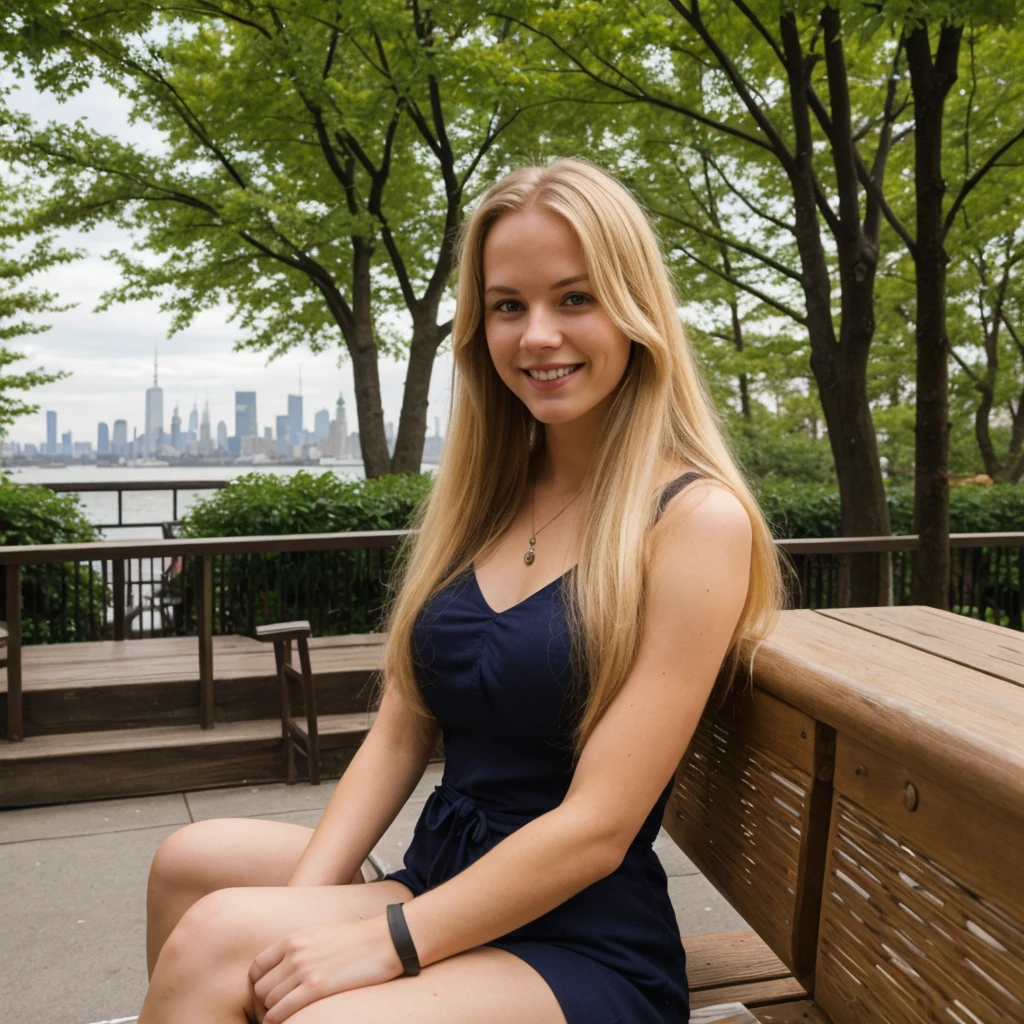 daneater, 1girl, solo, realistic, photorealistic, high quality picture, 8k, high resolution, detailed quality, film grain, natural photo, ultrarealistic, (((25-years-old woman))), Caucasian, (((Scandinavian Face))), (((Background: Nature))), (((Fit))), (((Long-Straight-Blonde Hair))), Smiling, Pose: sitting, she is enjoying the view on a viewdeck in new york city, a selfie shot on a phone from 2010,