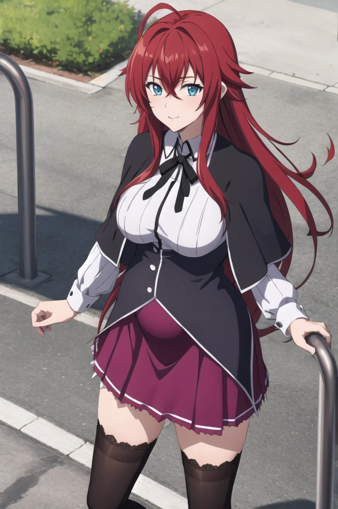 masterpiece, best quality, high quality, highres, outdoors, day, upper body, looking at viewer, solo, focused, BREAK,
ANIME_DxD_Rias_Gremory_ownwaifu,
1girl, bangs, long hair, red hair, breasts, large breasts, rias gremory, blue eyes, hair between eyes, very long hair, collarbone, hair intakes, hair over breasts,
black capelet, black corset, collared shirt, kuoh academy , layered skirt, underbust, , skirt, shirt, long sleeves, purple skirt, ribbon, miniskirt, neck ribbon, thighhighs, black ribbon, pregnant belly