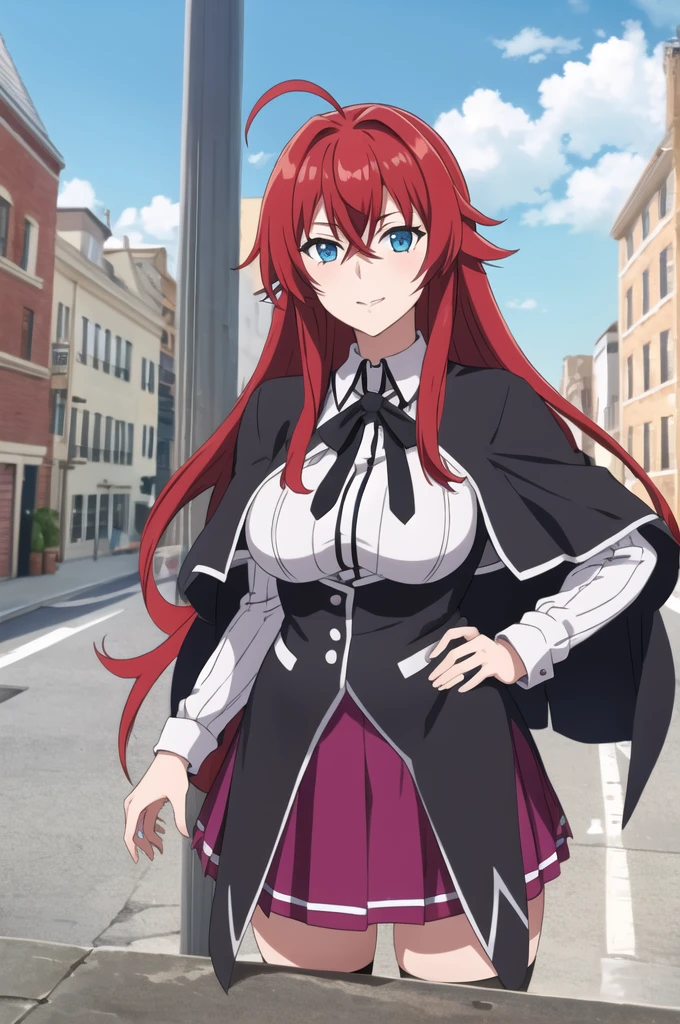 masterpiece, best quality, high quality, highres, outdoors, day, upper body, looking at viewer, solo, focused, BREAK,
ANIME_DxD_Rias_Gremory_ownwaifu,
1girl, bangs, long hair, red hair, breasts, large breasts, rias gremory, blue eyes, hair between eyes, very long hair, collarbone, hair intakes, hair over breasts,
black capelet, black corset, collared shirt, kuoh academy , layered skirt, underbust, , skirt, shirt, long sleeves, purple skirt, ribbon, miniskirt, neck ribbon, thighhighs, black ribbon, pregnant belly