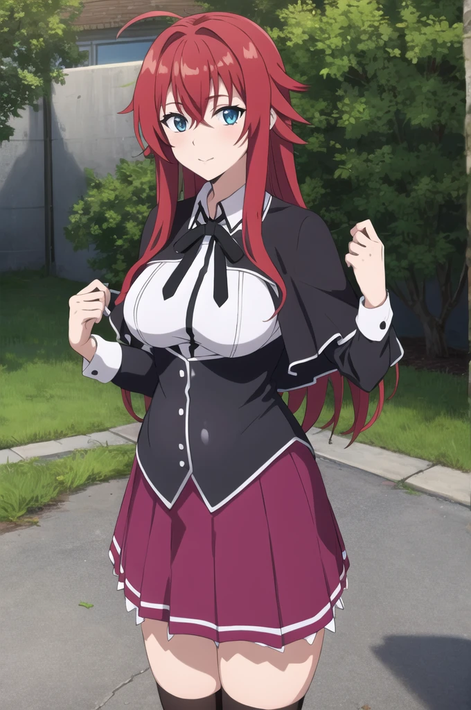 masterpiece, best quality, high quality, highres, outdoors, day, upper body, looking at viewer, solo, focused, BREAK,
ANIME_DxD_Rias_Gremory_ownwaifu,
1girl, bangs, long hair, red hair, breasts, large breasts, rias gremory, blue eyes, hair between eyes, very long hair, collarbone, hair intakes, hair over breasts,
black capelet, black corset, collared shirt, kuoh academy , layered skirt, underbust, , skirt, shirt, long sleeves, purple skirt, ribbon, miniskirt, neck ribbon, thighhighs, black ribbon, pregnant belly