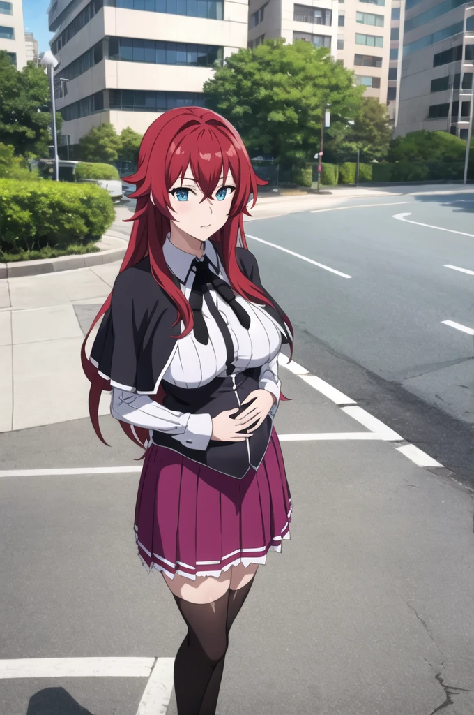 masterpiece, best quality, high quality, highres, outdoors, day, upper body, looking at viewer, solo, focused, BREAK,
ANIME_DxD_Rias_Gremory_ownwaifu,
1girl, bangs, long hair, red hair, breasts, large breasts, rias gremory, blue eyes, hair between eyes, very long hair, collarbone, hair intakes, hair over breasts,
black capelet, black corset, collared shirt, kuoh academy , layered skirt, underbust, , skirt, shirt, long sleeves, purple skirt, ribbon, miniskirt, neck ribbon, thighhighs, black ribbon, pregnant belly