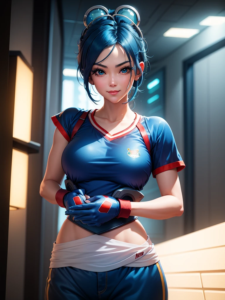 (at night), in a video game scene, a background of a beautiful city during the day raining, standing at attention, semi-short blue hair, goggles on top of her head, blue shirt on her chest, she has the face of a smiling frog type logo, has a long red scarf, big belt around her waist, blue fingerless gloves, white exercise pants, ((blue hair)), 1 girl, alone, 20 years old, young woman, perfect hands, beautiful fingers, beautiful long legs, beautiful body, beautiful nose, beautiful character design, perfect face, looking at the viewer with serious gesture (focusing on his face), closed mouth, Light_Smile, official art, extremely detailed CG unity 8k wallpaper, perfect lighting , bright and colorful front lighting, glowing skin (masterpiece: 1.0), (best_quality: 1.0), ultra-high resolution, 4K, ultra-detailed photography, 8K, HDR, high resolution, nonsense:1.2, Kodak portra 400, film grain , blurred background, bokeh:1.2, lens flare, (vibrant_color:1.2), professional photography, (Beautiful, breasts: 1.4), (beautiful_face: 1.5), (narrow waist),