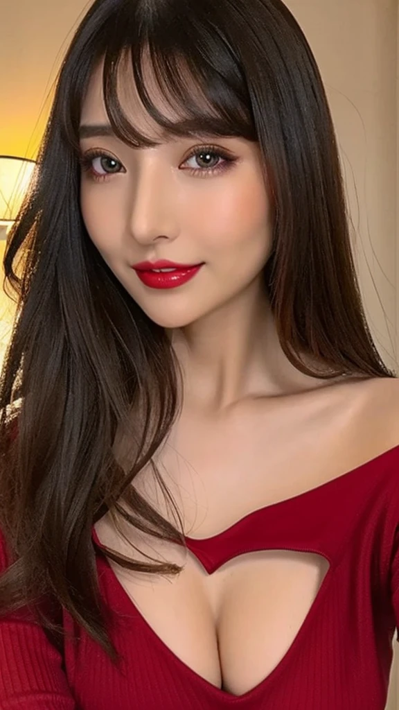 (Highest quality、On the table、8k、Best image quality、Award-winning works)、(Young girl, :1.3)、(The perfect V-neck long red sweater:1.2)、(Red eyeshadow:1.2)、Perfect Makeup、Long eyelashes、Ultra HD Shining Eyes、Ultra HD Hair、Ultra-high resolution glossy lips、Ultra High Resolution Perfect Teeth、Ultra HD cute face、Brown Hair、(Very short straight hair:1.1)、Look at me and smile、[clavicle]、Accurate anatomy、Luxury Love Hotel、(The most atmospheric warm light:1.2)、Blurred Background、Has bangs、Ultra-high-definition, shiny, moisturized face、Ultra-high resolution glowing skin、The most delicate face、Super high resolution detailed faces、ultra high resolution hair、Ultra high resolution glowing eyes、Beautiful face with detailed expression、Ultra high resolution glossy red lips、Big Breasts、Split、Fashion Necklace、White camisole