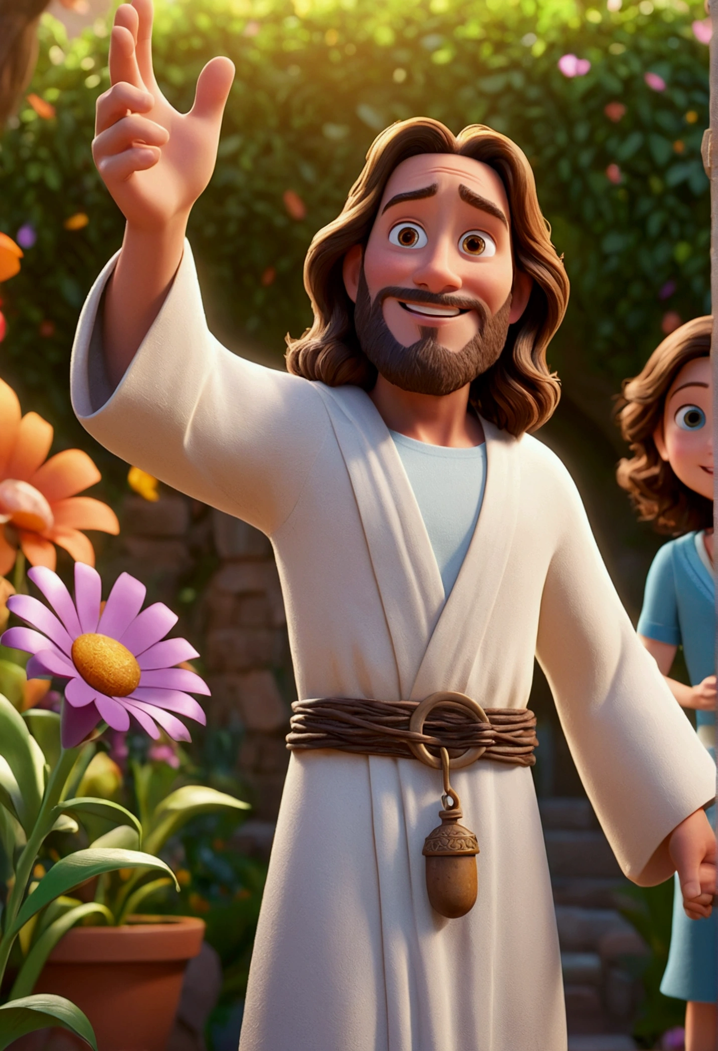a Disney cartoon from biblical times "Generate a realistic representation of Jesus in a garden with many people dressed in white, with colorful flowers around and soft light illuminating your face." High definition image, high detail and photorealism style. Image with at least 300 dpi, UHD 8k in heaven, a very beautiful place in the sky, animated film, 3d animated movie, still excited, animated film, inspired in Johannes Helgeson, Jesus wasted on a , animated film, animated film still, renderizado em corona, epic lighting, 3d animated, 3D animated, he is greeting you warmly. Stylized character, animation style rendering, 3d stylized, Arnold Maya rendering, Stylized 3D rendering, toon render screenshot, 3d character, 3d character, Stylized 3D rendering, 3D character rendering, cartoon character, Personagem de close up, character posing,  (Pixar-style) (master part:1.2) (bokeh) (best qualityer) (skin detailed) (detailed texture) (8k) (Argilla) (cinematic lighting) (sharp focus