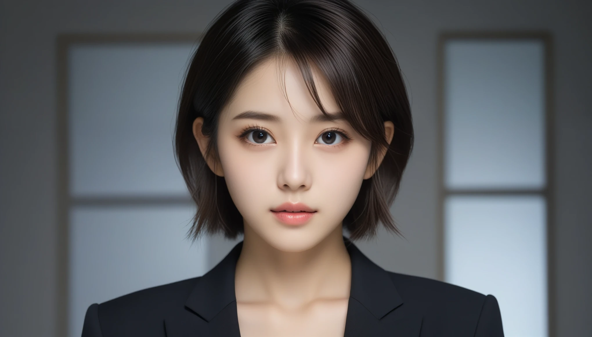 8k, Ultra-high resolution, Highest quality, masterpiece, 三分割法によるphotograph,Surreal, photograph, 1 Girl, (16 years old:1.3), pretty girl, Cute Face, Beautiful eyes in every detail, 細かくdetailedに,masterpiece,One Girl:1.2, Japan Female Announcer,upper body,from below,sad,streaming tears,Black short hair,Messy hair,(black suit:1.3),mourning clothes,(印象派の美しい少女のPortraiture), (Gray background:1.3),(Impressionist light and colour),Realistic Skin, Perfect and beautiful face ,完璧でCute Face, Skin with attention to detail, Perfect limbs、Narrow waist,Looking at the audience、beauty,Long neck,clavicle,(((Ideal body type))),A cup small breasts :2,Portraiture:2,Perfect Anatomy,鮮明なdetailed,detailed,Surreal,Light and shadow,underlighting