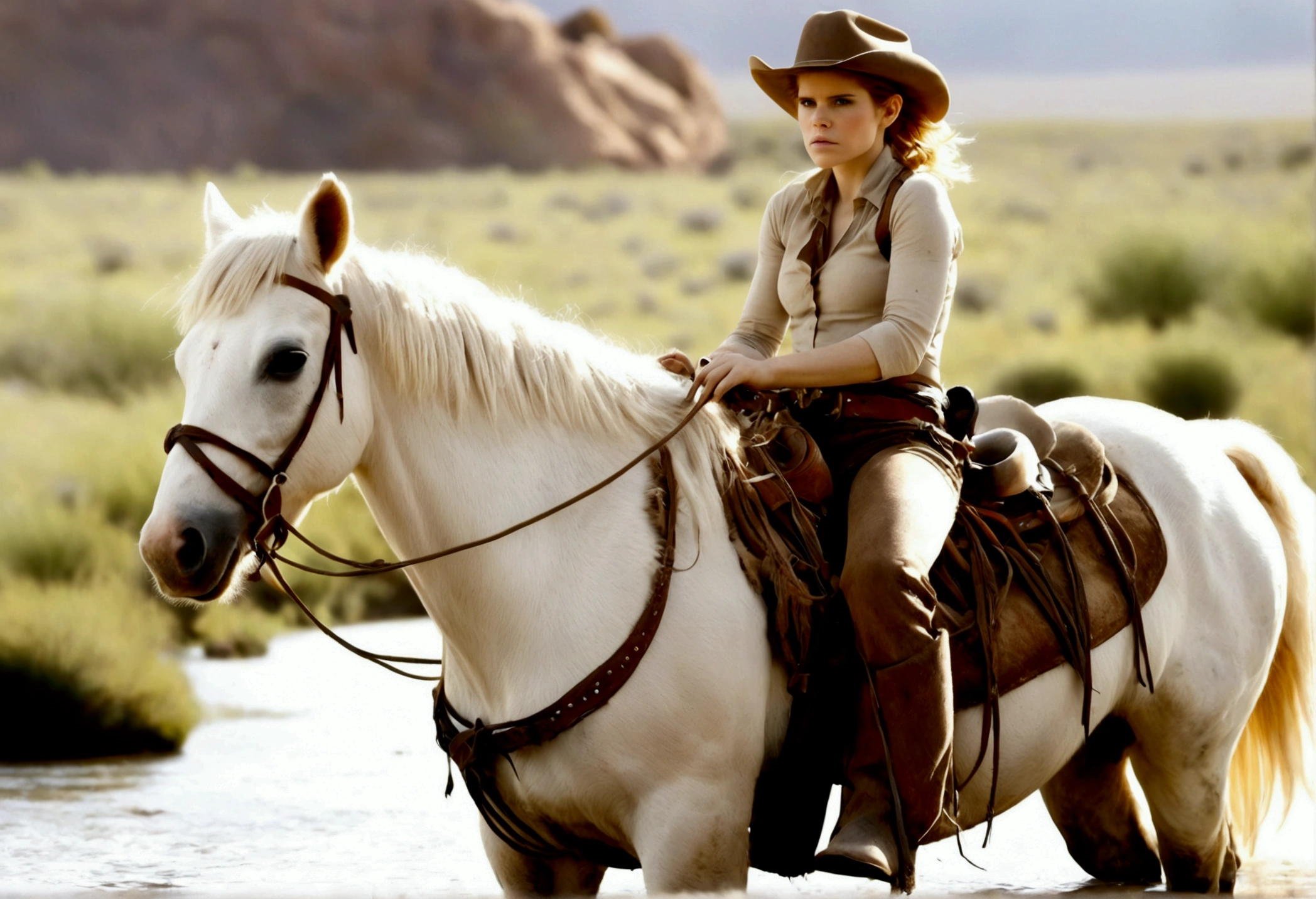 A cutee woman (Kate Mara, age 25, dirty and dingy, cowboy outfit dirty but mainly white) riding a white pony, she is part if a cattle drive crossing a stream, rolling plains
