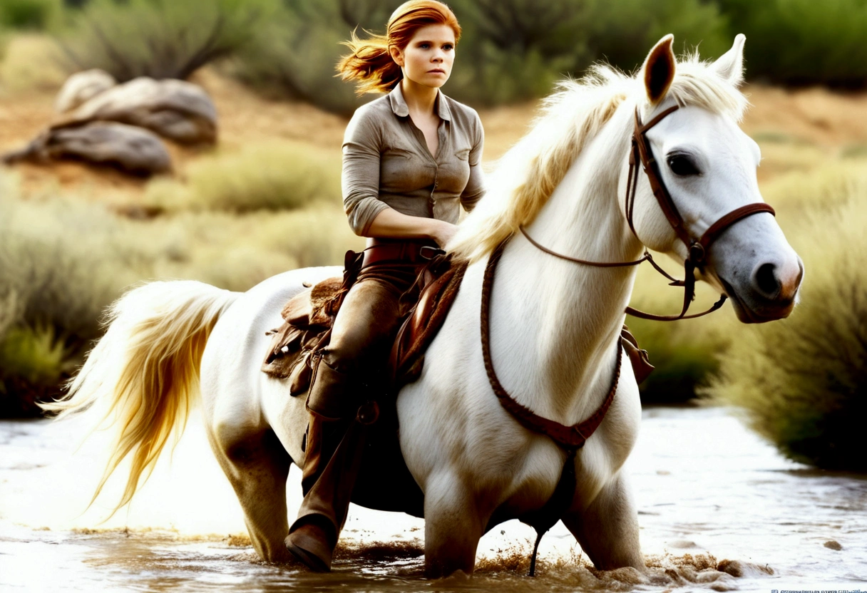 A cutee woman (Kate Mara, age 25, dirty and dingy, cowboy outfit dirty but mainly white) riding a white pony, she is part if a cattle drive crossing a stream, rolling plains
