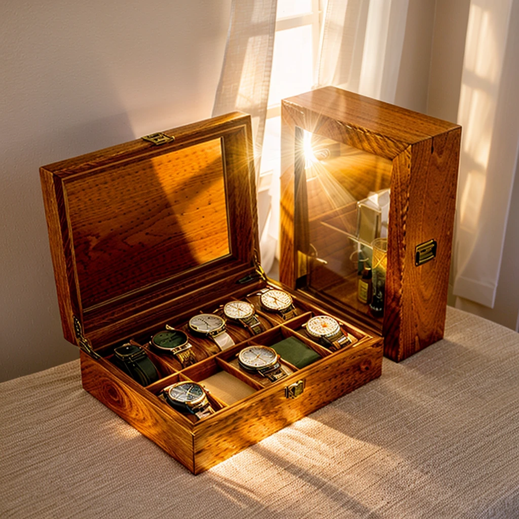 In this cozy room,A ray of sunlight shone through the half-drawn curtains on the table,Let the wood grain on the watch storage box shine with a faint luster。There was a calm and peaceful atmosphere in the air around them。There are several still lifes hanging on the walls of the room,It adds a touch of elegance to the space。And on the other side of the room,The half-open window lets in the breeze,The pages on the small desk by the window turned in the wind,This quiet scene gives a sense of tranquility and comfort。
