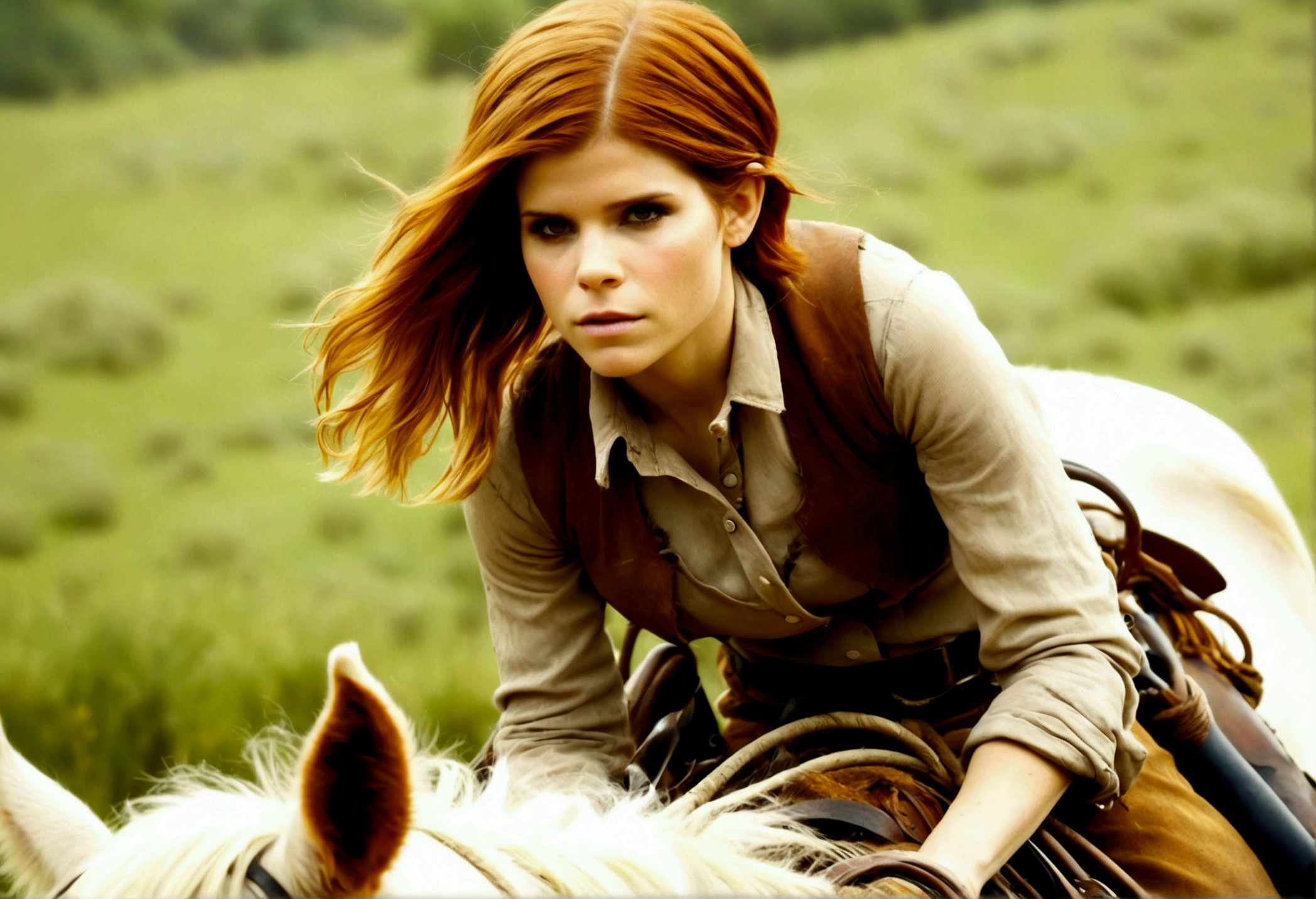 A cutee woman (Kate Mara, age 25, dirty and dingy, cowboy outfit dirty but mainly white) riding a white pony, she is part if a cattle drive crossing a stream, rolling plains
