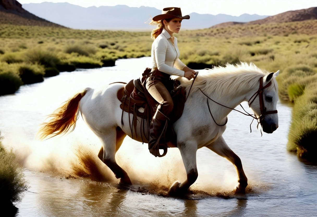 A cutee woman (Kate Mara, age 25, dirty and dingy, cowboy outfit dirty but mainly white) riding a white pony, she is part if a cattle drive crossing a stream, rolling plains