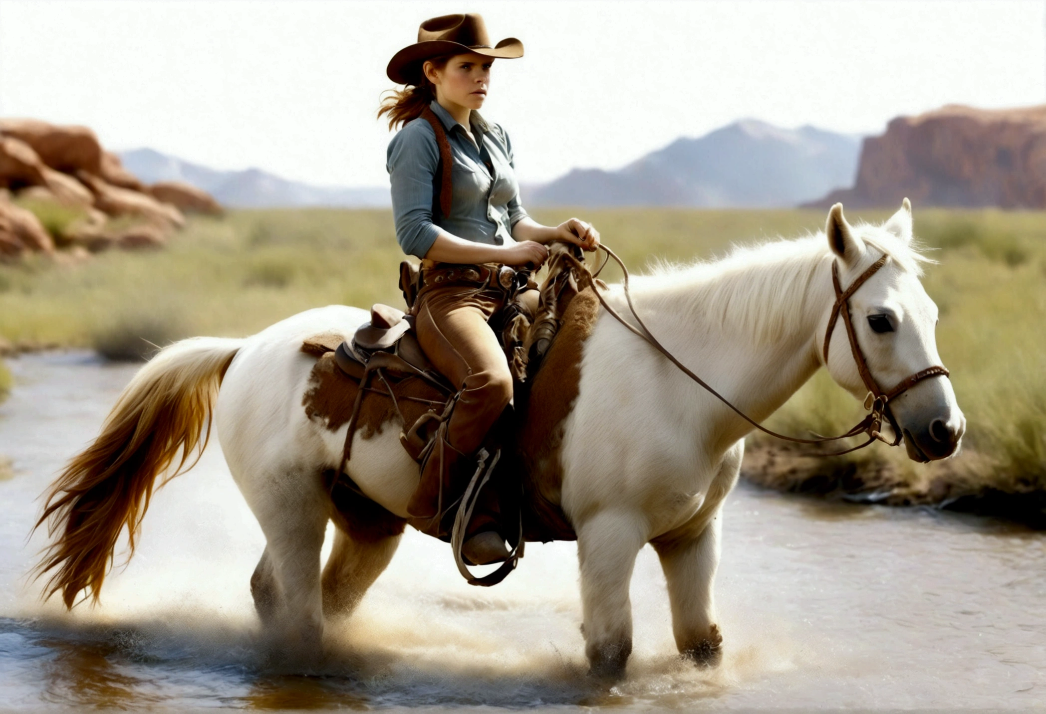 A cutee woman (Kate Mara, age 25, dirty and dingy, cowboy outfit dirty but mainly white) riding a white pony, she is part if a cattle drive crossing a stream, rolling plains