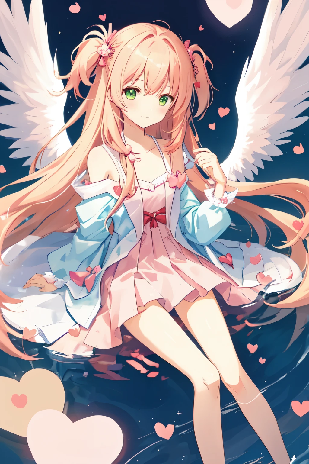 1_girl, (anime, kawai:2), (masterpeice, best_quality, clean:1.5), (sky_background:1.2), (cute, cute_smile, wholesome, young:1.8), (delicate, extremely_delicate, beautiful, thin:1.5), (girlfriend, angel:1.8), (green_eyes, simple_eyes:1.8) (long_hair, blond_hair, wearing_pink_dress, pink_angel_wings:1.5), (combat:1.2), extremely_delicate, (love_magic:1.5), (age_size_fits_body), (small_thighs:1.3), (breasts), (eye_level:1.3), (heart_magic, love:1.5), (folded_legs:1.5)