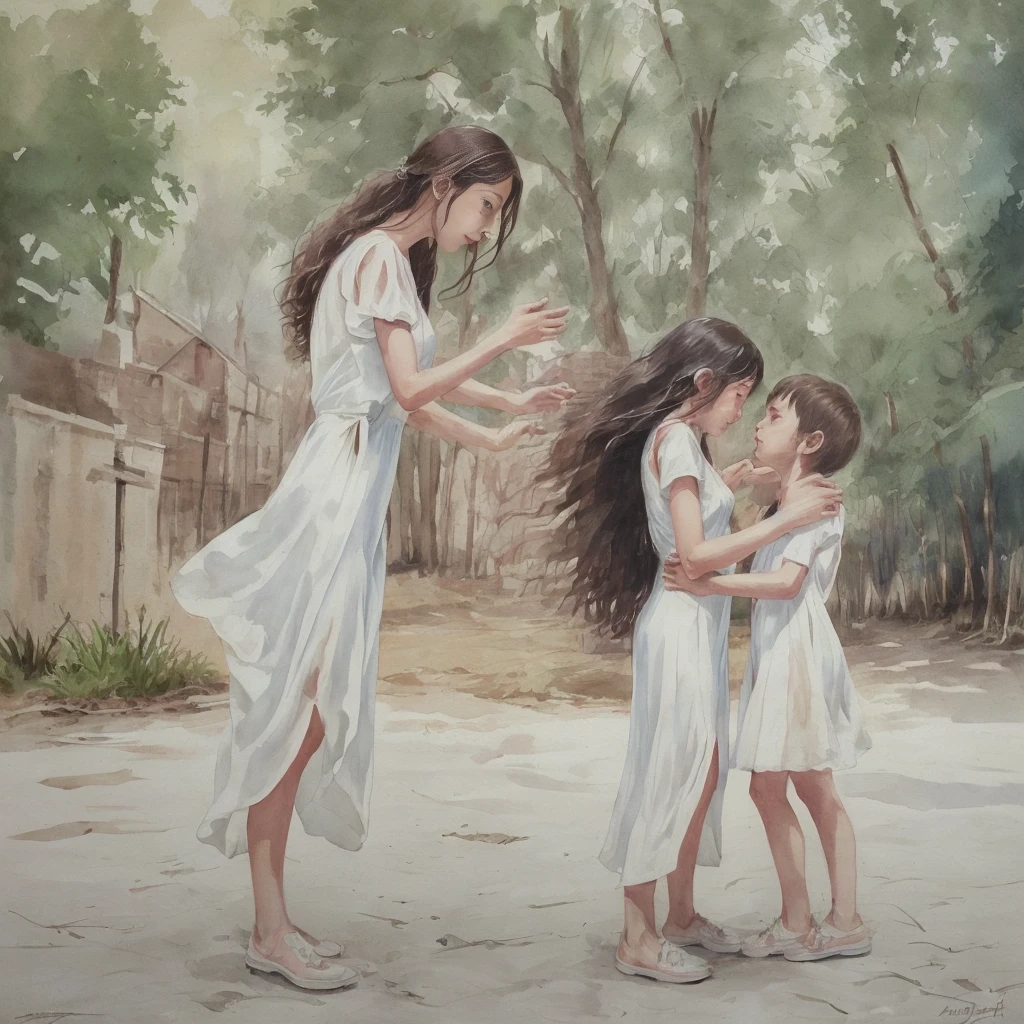 Mom and one her kid kiss each other (masterpiece, realistic:1.4), (extremely intricate:1.2), close shot , portrait, (upper body:1.2), (from front:1.3), backless dress, (long dress:1.2), very long hair, breasts, bare shoulders, sky, ocean, water, looking at viewer, italian, head tilt, wind, cloud, sunlight, outdoor, 1girl, solo, cinematic light, ultra high res, 8k uhd, film grain, perfect anatomy, exquisitely detailed skin, best shadow, delicate, RAW, highres, clean lines,