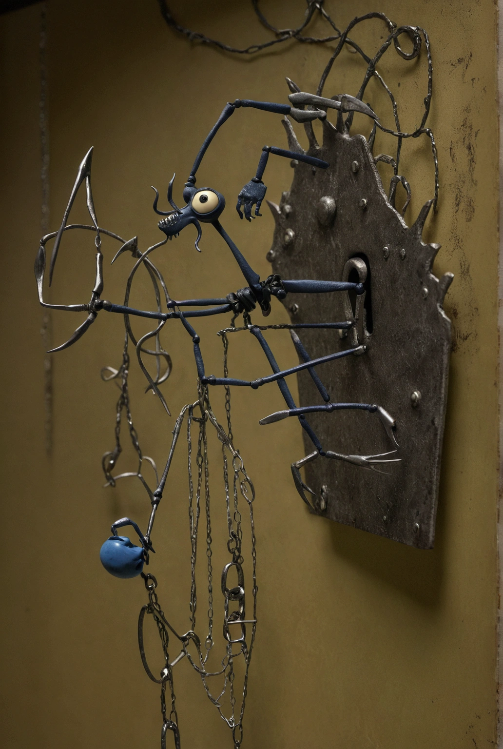 Coraline movie doll being grabbed by a metal claw in