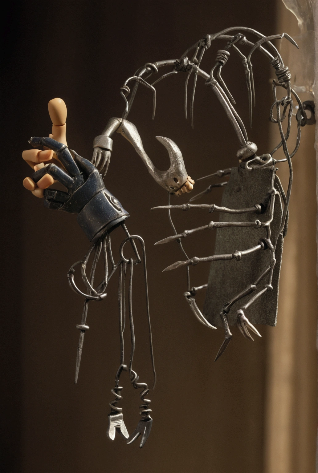 Coraline movie doll being grabbed by a metal claw in