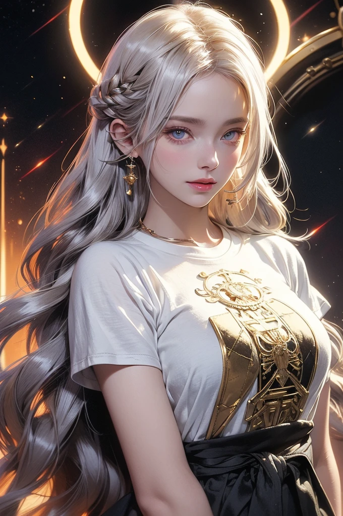 Ultra realistic digital art, (jdfb) is a divine white haired motherly cosmic god in space, ((overwhelming power and perfection)), sci fi, chrome metallic robes, (glowing golden eyes), Feminine,((Perfect Face)),((Sexy Face)),((Detailed Pupils)), (Anders Zorn, ilya Kuvshinov, jean-baptiste Monge, Sophie Anderson, Gil Elvgren), Evocative Pose, Smirk, Look at Viewer, ((Tee Shirt)), (Intricate), (High Detail), Sharp (((unreal engine 5)))