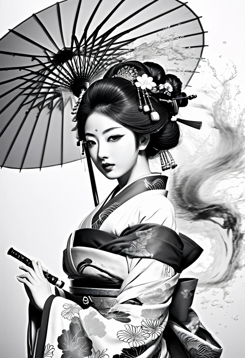 Umalinda warrior sexy, pretty face, Delicious Company, Alluring figure, Wearing a sexy open kimono. The artwork is created in a medium reminiscent of Japanese ink paintings....., 具有大胆的笔触和Monochromatic color palette. artist&#39;Masterful technique reveals the intensity and power of the image&#39;sense of presence，with the highest quality, Perfectly capture every detail with ultra-high resolution. Textures and intricate patterns on kimonos are rendered with extreme precision. Lighting is carefully designed，Enhance drama, Features deep shadows and subtle highlights. General, The artwork exudes elegance and power, Combining traditional Japanese aesthetics with a modern feel. Monochromatic color palette, Combine details, Create captivating and immersive experiences for your audience.