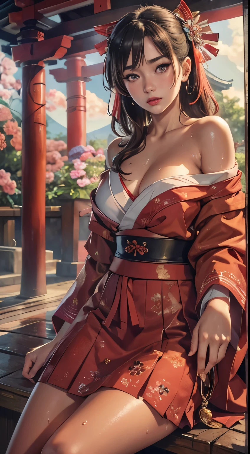 nsfw, (8K, RAW photo, highest quality, masterpiece:1.2、RAW photo)、portrait, ((solo;1.3)), nami \(one piece\), round green earrings, High resolution RAW color photos, professional photos、(Angle from a long distance:1.1)、(Turn around:1.2)、super resolution, (reality, real photos:1.3), Angle from a long distance、super detailed pussy, very detailed and beautiful, very detailed, amazing details、(cute beautiful woman with perfect body:1.4)、fit toned athletic body, full body image, amazing details、cute beautiful woman with perfect body:1.4、shiny skin、glossy lips、High-definition face and skin texture、brown eyes, fine eyes、double eyelid、very detailed、red Hair、long hair、(High definition breasts、happy expression)、(necklace)、(((naked except for green and blue off-the-shoulder kimono:1.3, bare naked rounded ass))), on bridge overlooking cherry blossom lined river, Japanese castle looming on the horizon