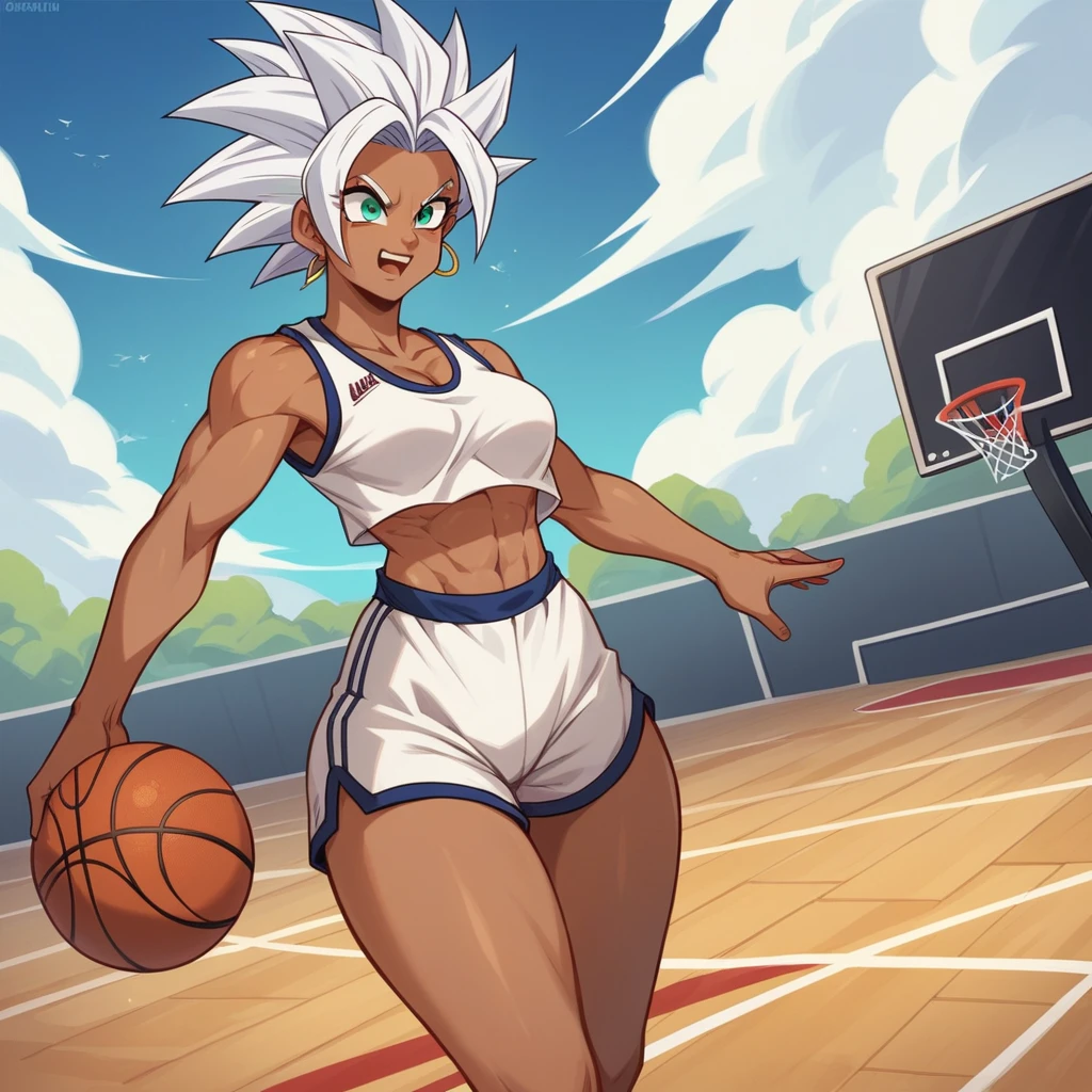 1girl, alone, Saiyan, spiky white hair combed back , green eyes, slim, thin waist, wide hips, dark skin, medium breasts,shirt number 10, white sports shorts, shooting ball  ,   dunking ball ,burying the ball in the hoop  ,on a street basketball court open air.
