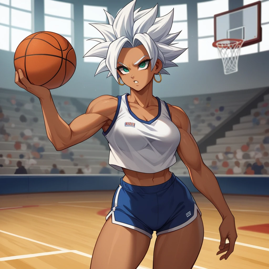 1girl, alone, Saiyan, spiky white hair combed back , green eyes, slim, thin waist, wide hips, dark skin, medium breasts,shirt number 10, white sports shorts, shooting ball  ,   dunking ball ,burying the ball in the hoop  ,on a street basketball court open air.
