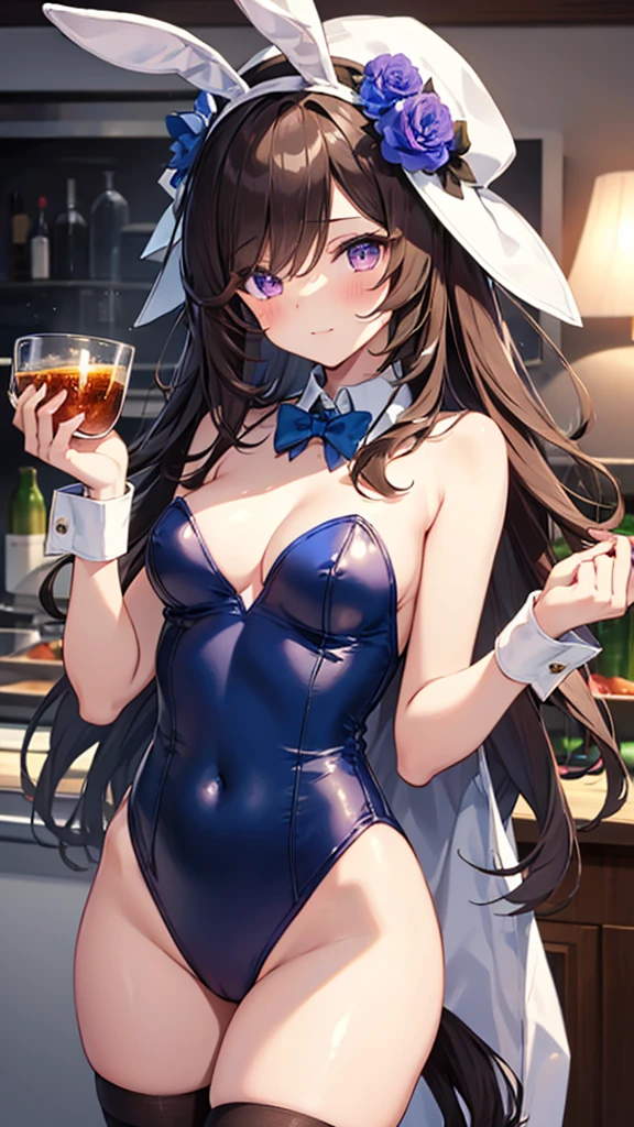 rice shower (umamusume), 1girl, solo, long hair, breasts, looking at viewer, blush, brown hair, thighhighs, hat, bow, navel, holding, animal ears, bare shoulders, purple eyes, tail, flower, small breasts, black thighhighs, indoors, bowtie, hair over one eye, leotard, cup, wrist cuffs, detached collar, rose, playboy bunny, horse ears, horse girl, horse tail, blue headwear, tray, blue flower, hat flower, blue leotard, holding tray, nontraditional playboy bunny