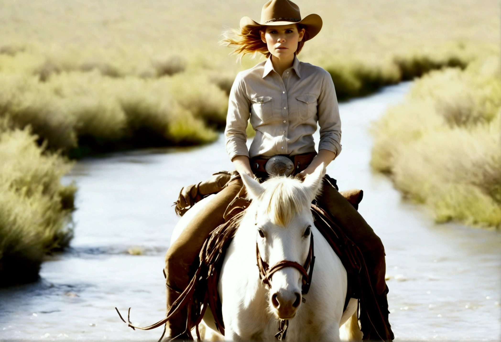 A cutee woman (Kate Mara, age 25, dirty and dingy, cowboy outfit dirty but mainly white) riding a white pony, she is part if a cattle drive crossing a stream, rolling plains