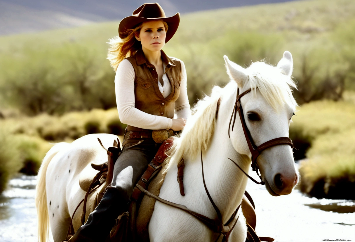 A cutee woman (Kate Mara, age 25, dirty and dingy, cowboy outfit dirty but mainly white) riding a white pony, she is part if a cattle drive crossing a stream, rolling plains