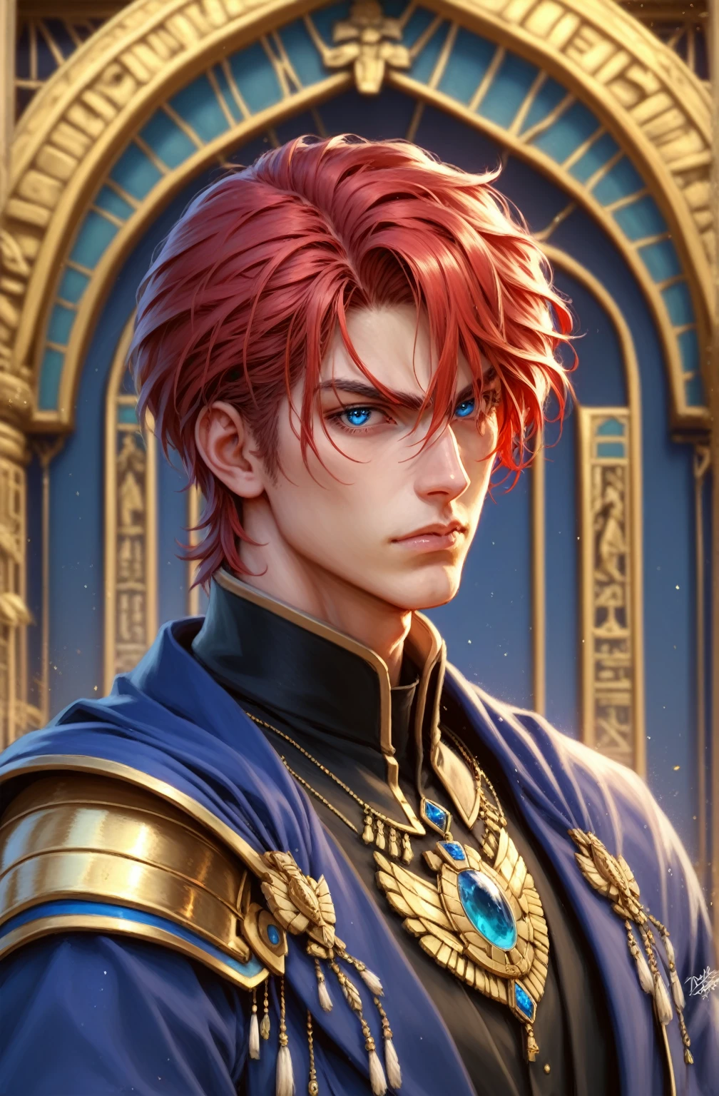 absurdities, High resolution, ultra detailed, HdR, masterpiece, Extremely detailed face and eyes, Red hair, disheveled, fringe, bushy eyebrows, White skin, serious, angry eyebrows, expressive blue eyes, detailed eyes, LOOKING AT THE SPECTATOR, 1 man, 30 year old man, Red hair oscuro, rasgos masculines, elegant, magical clothes with golden details, masculine, sorcery clothing, coffee cover, coffee tones clothing, archeology background, beefy chest, egyptian theme, Complete plan