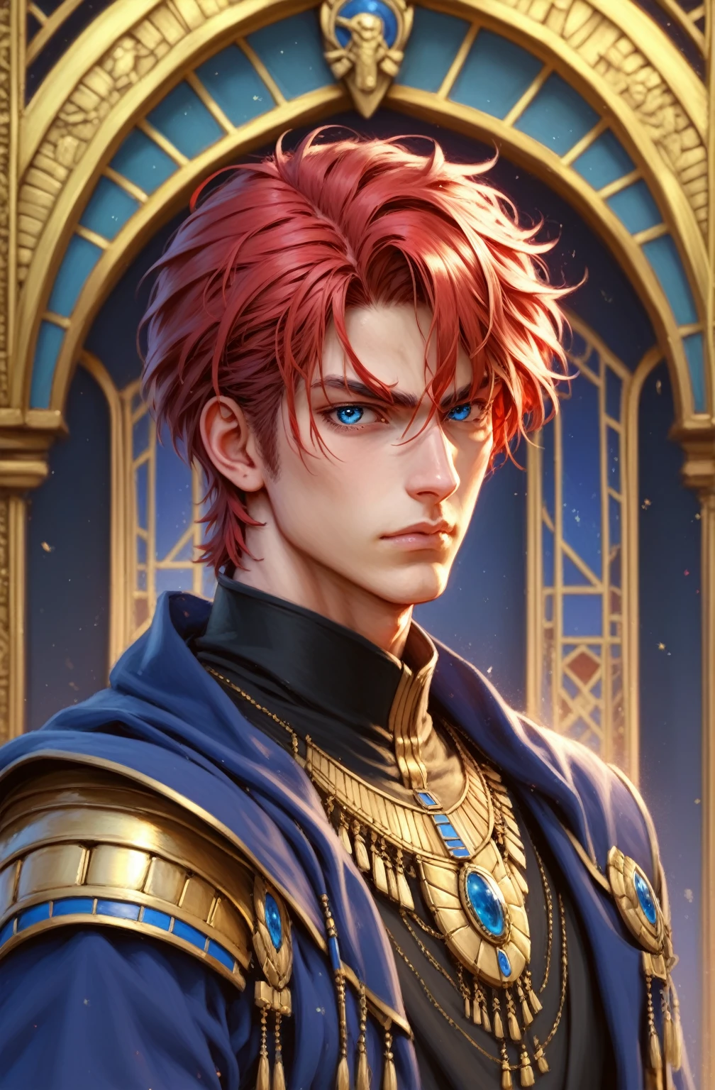absurdities, High resolution, ultra detailed, HdR, masterpiece, Extremely detailed face and eyes, Red hair, disheveled, fringe, bushy eyebrows, White skin, serious, angry eyebrows, expressive blue eyes, detailed eyes, LOOKING AT THE SPECTATOR, 1 man, 30 year old man, Red hair oscuro, rasgos masculines, elegant, magical clothes with golden details, masculine, sorcery clothing, coffee cover, coffee tones clothing, archeology background, beefy chest, egyptian theme, Complete plan