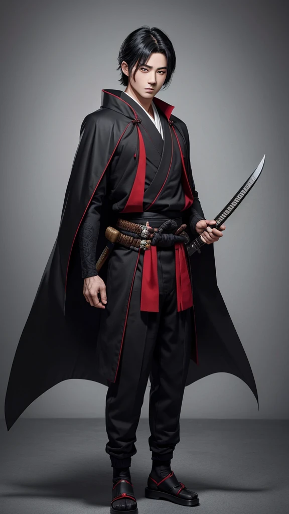 Create a young good looking boy with japanese style cloth old ages with a katana black hair red eyes and full body
with pants and a cape 