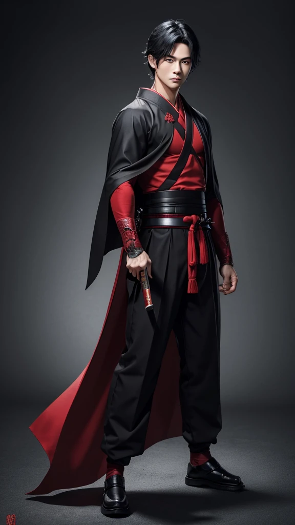 Create a young good looking boy with japanese style cloth old ages with a katana black hair red eyes and full body
with pants and a cape