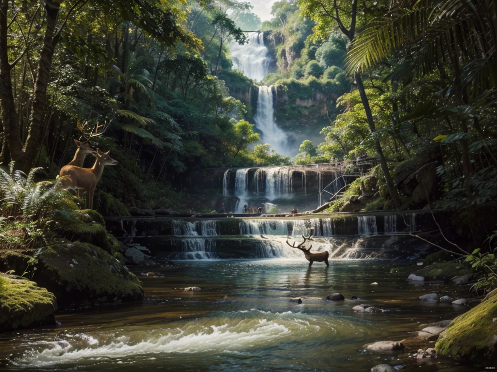 deer drinking in the river, with waterfall background and jungle surround, detailed art masterpiece, full color painting, masterpiece award wining art painting, 4k detailed painting, best quality color combination paint
