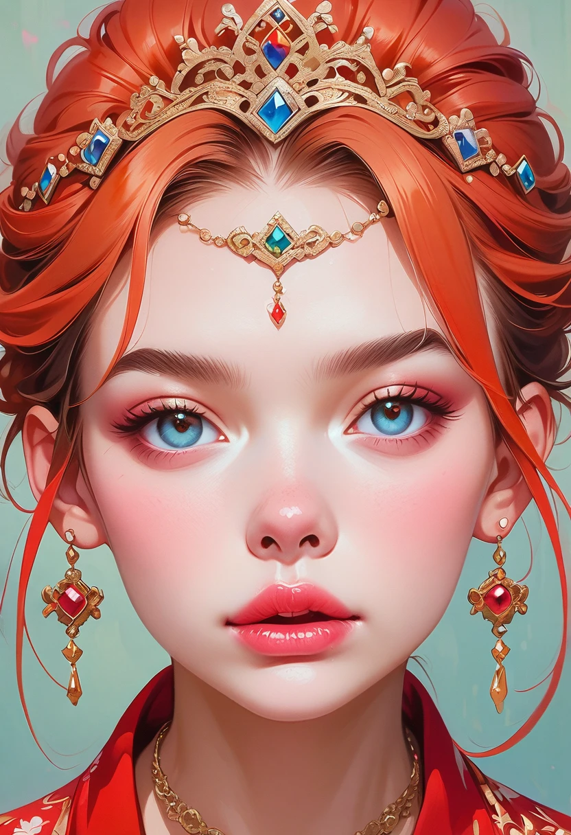 the image the computer generated image of a woman in a tiara wearing a red dress, 1girl, blue eyes, solo, looking at viewer, lips, tiara,red hair