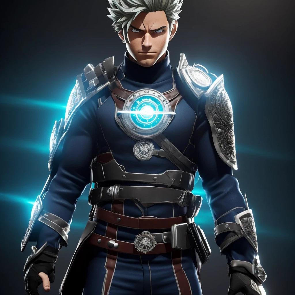 Like a Pro Hero in "My Hero Academia" com um Quirk de Manipulação Temporal e um artefato mágico como o Chronomantic Clock, his appearance would be striking and reflect both his power and his role as a hero. Here's a suggestion of what you might look like:
**hero costume**:
- **'s uniform**: A futuristic and elegant outfit, predominantly in silver and blue colors, symbolizing time and precision. The suit material is strong and flexible, allowing freedom of movement.
- **Chronomantic Clock**: The watch is integrated into your outfit, attached to the wrist or embedded on the chest like an emblem. It glows with a soft light when in use.
- **mask**: A partial mask that covers the upper half of the face, equipped with displays that analyze the environment in real time, helping with the use of Quirk.
- **Accessories**: Special gloves that help channel Quirk more precisely and reinforced boots for greater agility and stability.
**Physical Characteristics**:
- **Height and Body**: Medium to tall height, with an athletic and well-defined physique, reflecting the intensive training required to be a hero.
- **body hair**: body hair de comprimento médio, possibly in a single color or with blue or silver highlights, symbolizing your connection with time.
- **eyeballs**: eyeballs de cor incomum, maybe deep blue or silver, that glow slightly when you use your Quirk, adding a touch of mysticism.
- **Scars and Marks**: Some scars from past battles, showing your experience and resilience, in addition to a possible temporal symbol tattooed somewhere visible, such as on the arm or neck.
Your appearance reflects your unique ability and your status as a respected hero, combining functionality and aesthetics to create an imposing and inspiring image.