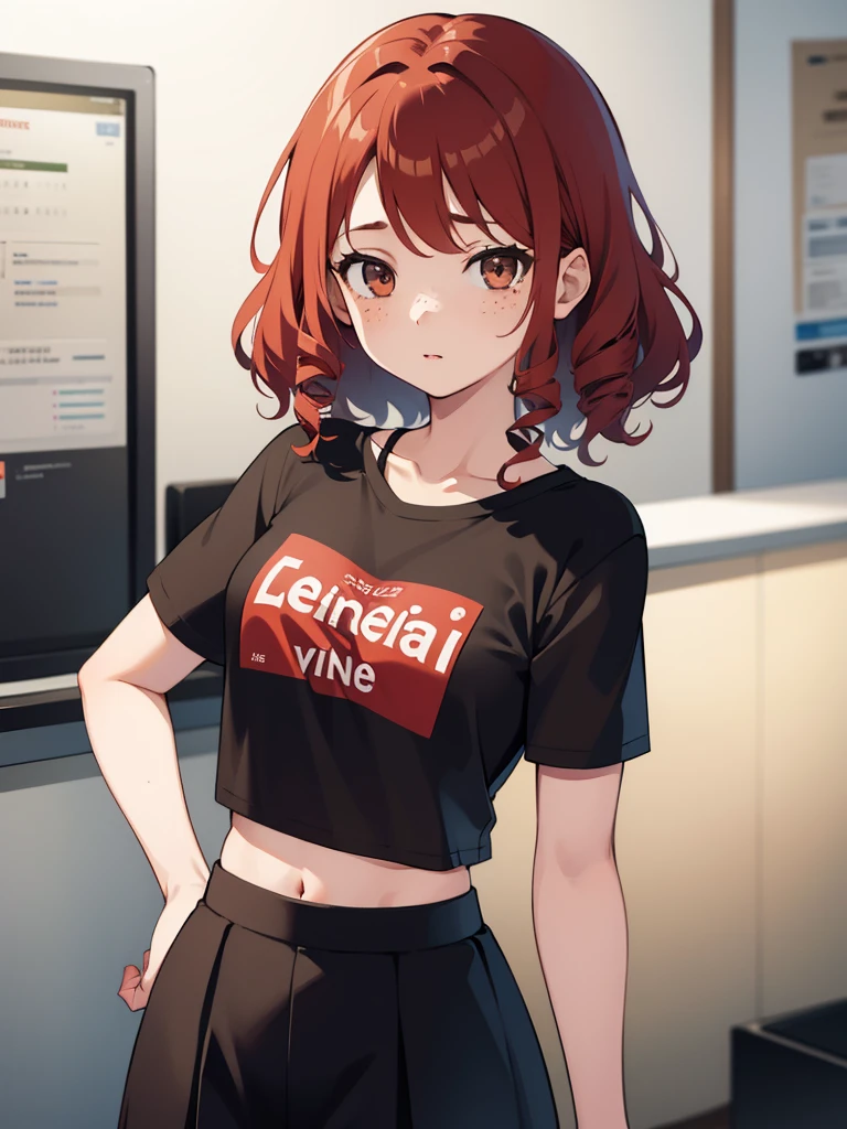 1girl, red curly hair, brown eyes, freckles, body, cropped t-shirt, skirt