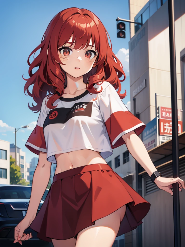 1girl, red curly hair, brown eyes, freckles,  body, cropped t-shirt, skirt