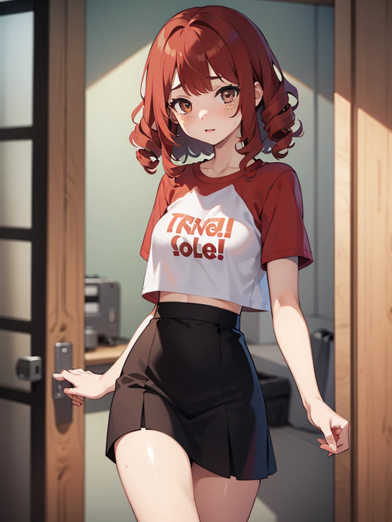 1girl, red curly hair, brown eyes, freckles,  body, cropped t-shirt, skirt