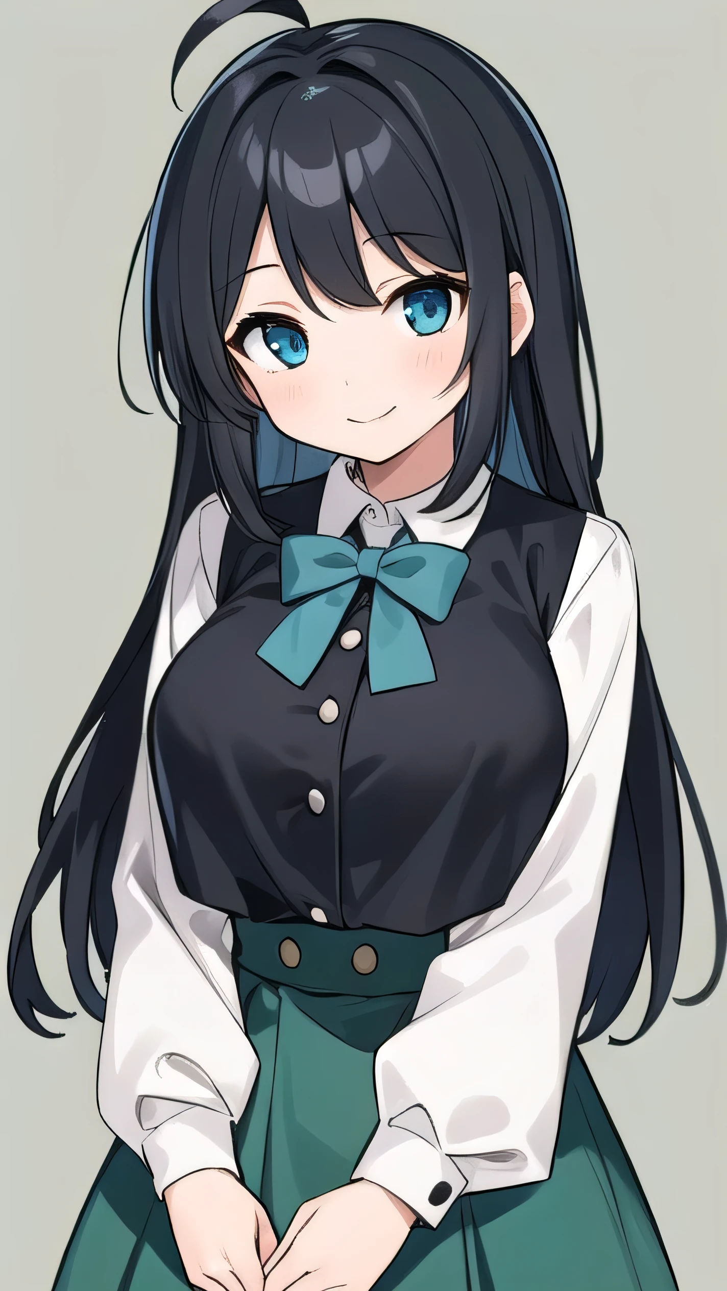 Junior high school student who looks like an elementary school student, 14 years old, very short, 140cm tall, black hair with a slight green tinge, short ahoge, beautiful long hair but with a little hair sticking out, beautiful round eyes, blue eyes, smile, boyish, long sleeves , thick clothes, skirt, big breasts, hair longer than waist, long hair, young face, dark greenish black hair, gentle smile, a little shy, skirt is black, hair is black but has a slight green tinge, boyish and gentle smile I have.