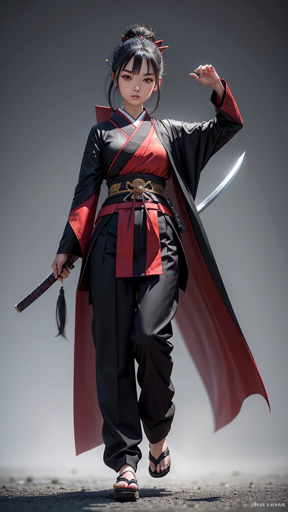 Create a young good looking girl with japanese style cloth old ages with a katana black hair red eyes and full body
with pants and a cape