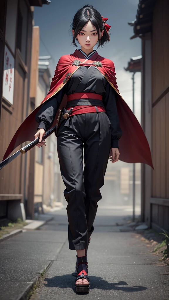 Create a young good looking girl with japanese style cloth old ages with a katana black hair red eyes and full body
with pants and a cape