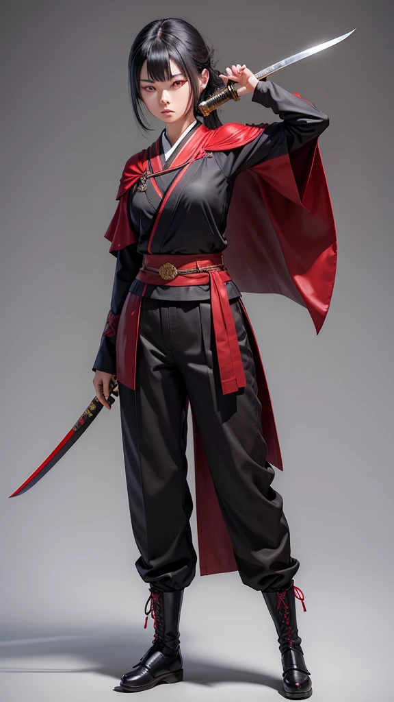 Create a young good looking girl with japanese style cloth old ages with a katana black hair red eyes and full body
with pants and a cape