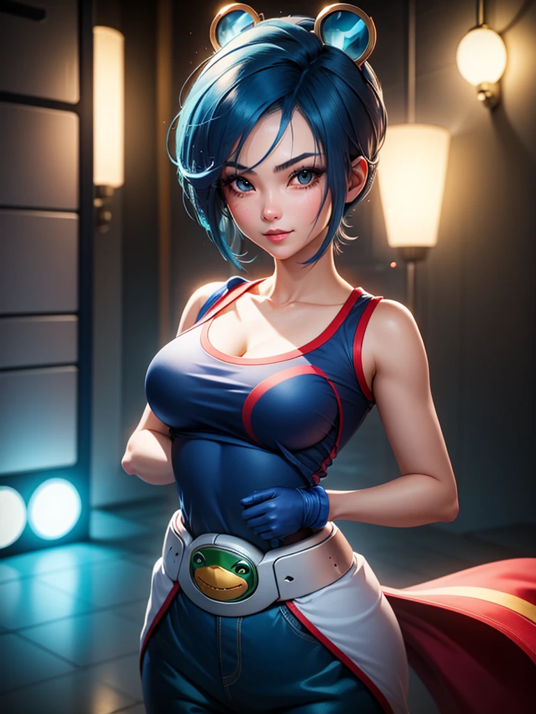 (at night), in a video game scene, a background of a beautiful city during the day raining, standing at attention, semi-short blue hair, goggles on top of her head, blue shirt on her chest, she has the face of a smiling frog type logo, has a long red scarf, big belt around her waist, blue fingerless gloves, white exercise pants, ((blue hair)), 1 girl, alone, 20 years old, young woman, perfect hands, beautiful fingers, beautiful long legs, beautiful body, beautiful nose, beautiful character design, perfect face, looking at the viewer with serious gesture (focusing on his face), closed mouth, Light_Smile, official art, extremely detailed CG unity 8k wallpaper, perfect lighting , bright and colorful front lighting, glowing skin (masterpiece: 1.0), (best_quality: 1.0), ultra-high resolution, 4K, ultra-detailed photography, 8K, HDR, high resolution, nonsense:1.2, Kodak portra 400, film grain , blurred background, bokeh:1.2, lens flare, (vibrant_color:1.2), professional photography, (Beautiful, breasts: 1.4), (beautiful_face: 1.5), (narrow waist),