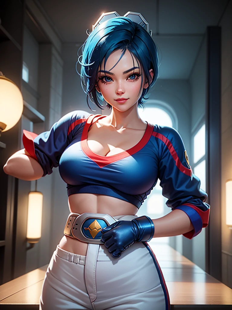 (at night), in a video game scene, a background of a beautiful city during the day raining, standing at attention, semi-short blue hair, goggles on top of her head, blue shirt on her chest, she has the face of a smiling frog type logo, has a long red scarf, big belt around her waist, blue fingerless gloves, white exercise pants, ((blue hair)), 1 girl, alone, 20 years old, young woman, perfect hands, beautiful fingers, beautiful long legs, beautiful body, beautiful nose, beautiful character design, perfect face, looking at the viewer with serious gesture (focusing on his face), closed mouth, Light_Smile, official art, extremely detailed CG unity 8k wallpaper, perfect lighting , bright and colorful front lighting, glowing skin (masterpiece: 1.0), (best_quality: 1.0), ultra-high resolution, 4K, ultra-detailed photography, 8K, HDR, high resolution, nonsense:1.2, Kodak portra 400, film grain , blurred background, bokeh:1.2, lens flare, (vibrant_color:1.2), professional photography, (Beautiful, breasts: 1.4), (beautiful_face: 1.5), (narrow waist),