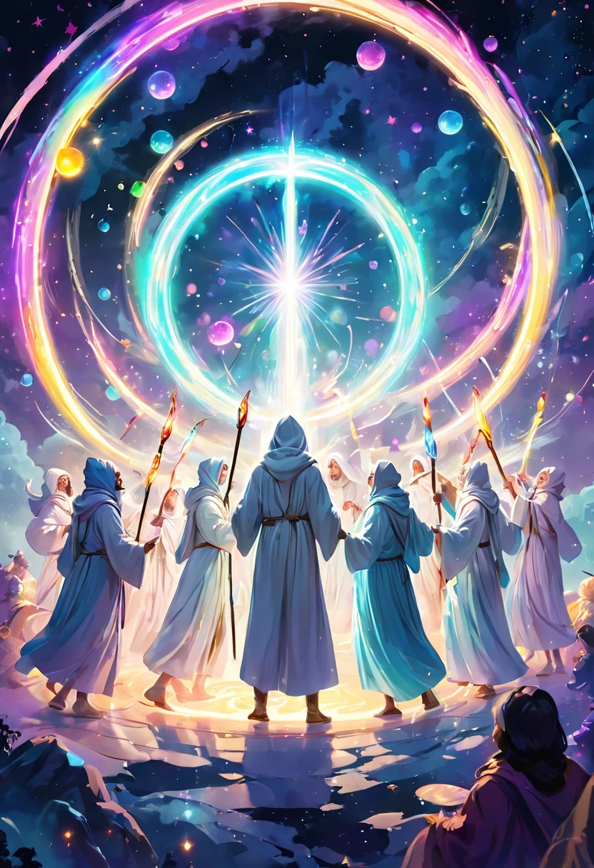 Wizards with magic sticks are forming a circle. The wizards are wearing white robes and smiling. Fantastic, pastel colored spheres of light are floating in the air.